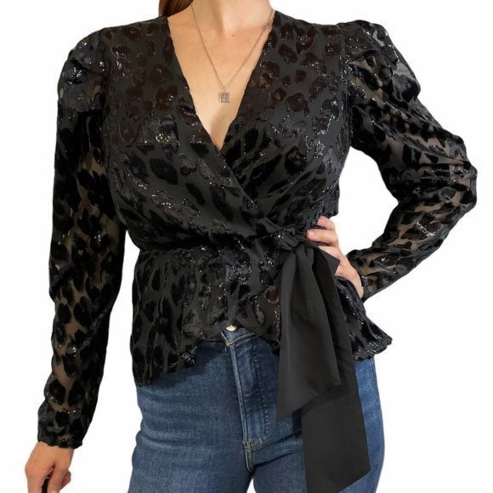 EXPRESS Metallic Leopard Wrap Front Bow Top Small